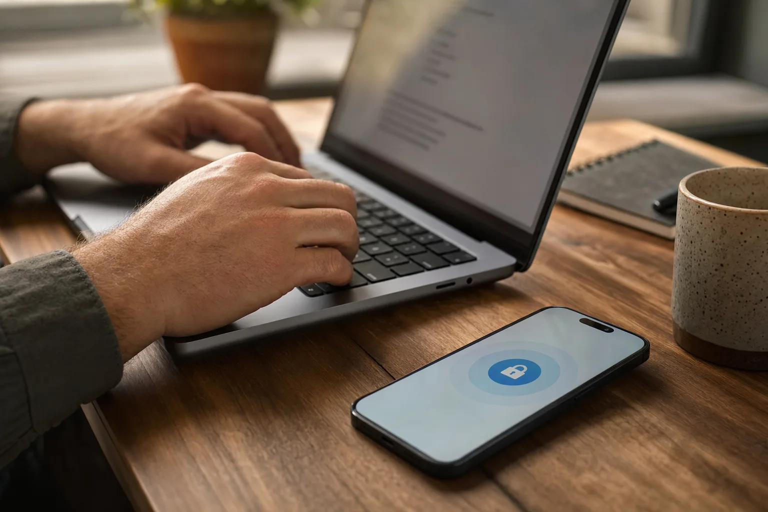 Smartphone mit Passwort-Manager-Symbol liegt neben einem Laptop auf dem Schreibtisch