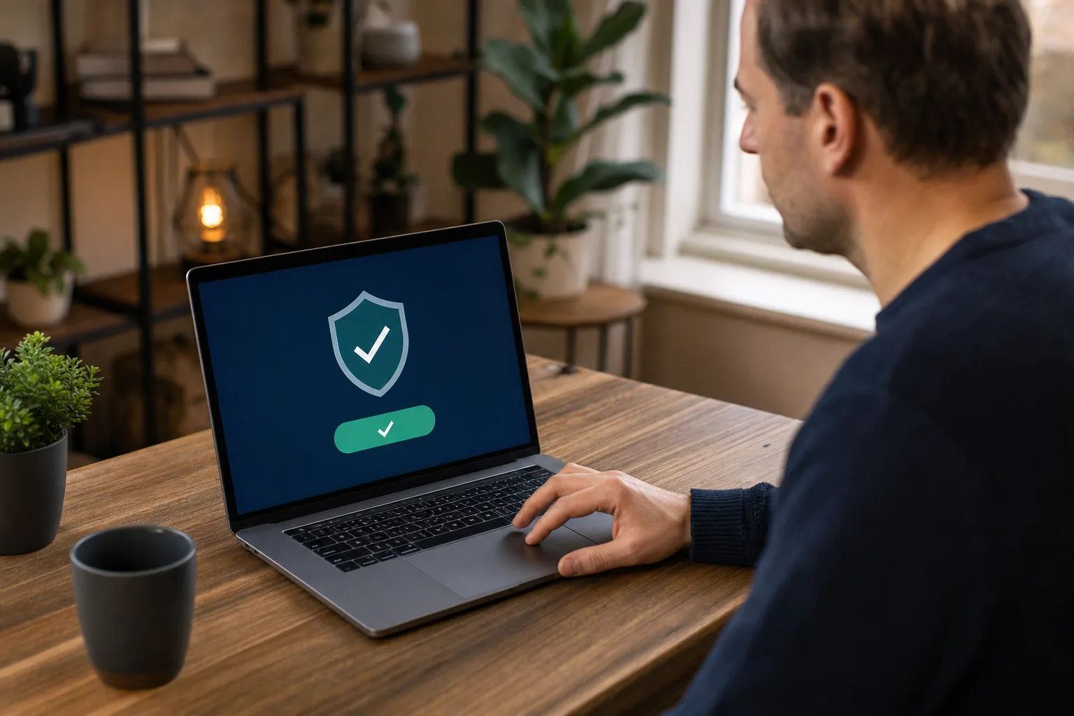Laptop zeigt ein aktives Schutzschild-Symbol als Sinnbild für aktiven Virenschutz