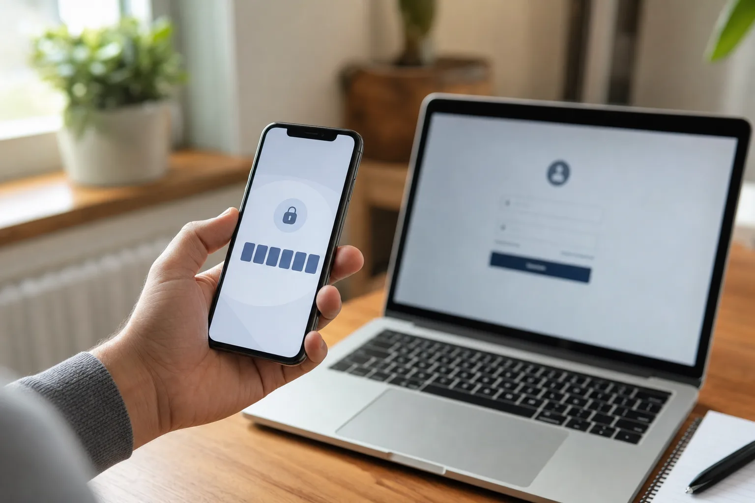Hand hält Smartphone mit Zwei-Faktor-Code neben einem Laptop mit Login-Maske