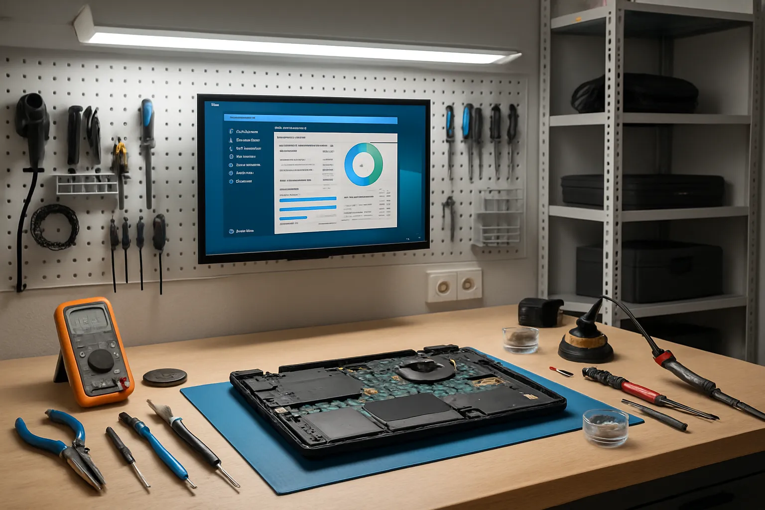 Aufgeräumte IT-Werkstatt mit Laptop-Reparatur und Diagnosesoftware — Werkstatt Nordhausen