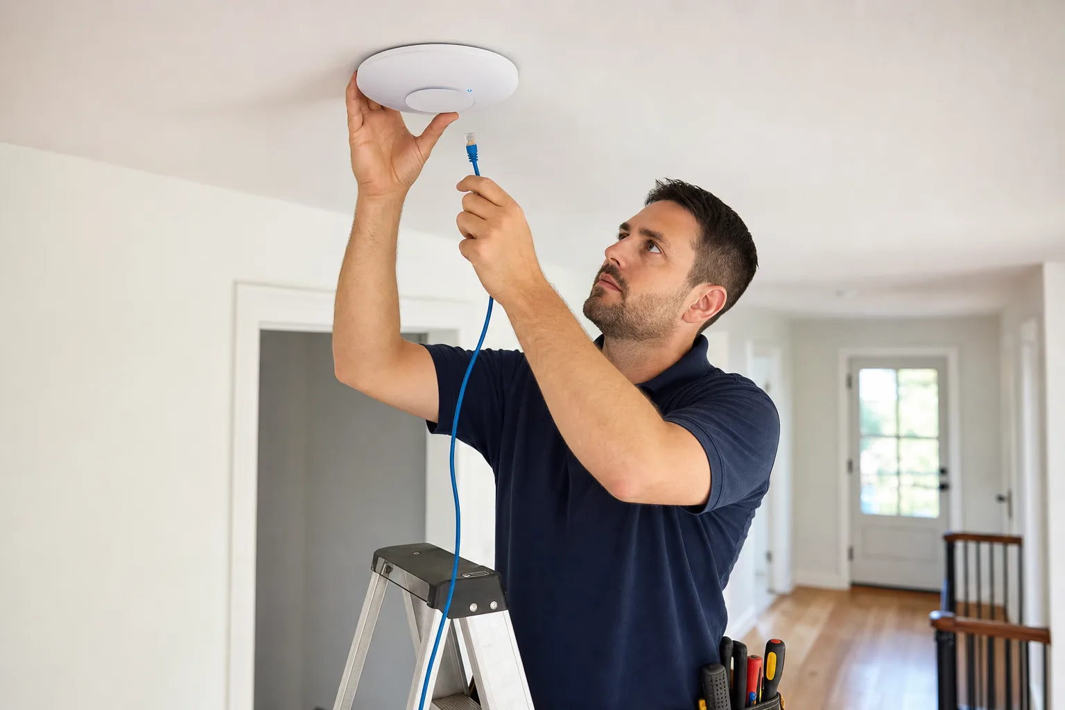 Techniker montiert einen Access Point an der Decke und verbindet ihn per Netzwerkkabel