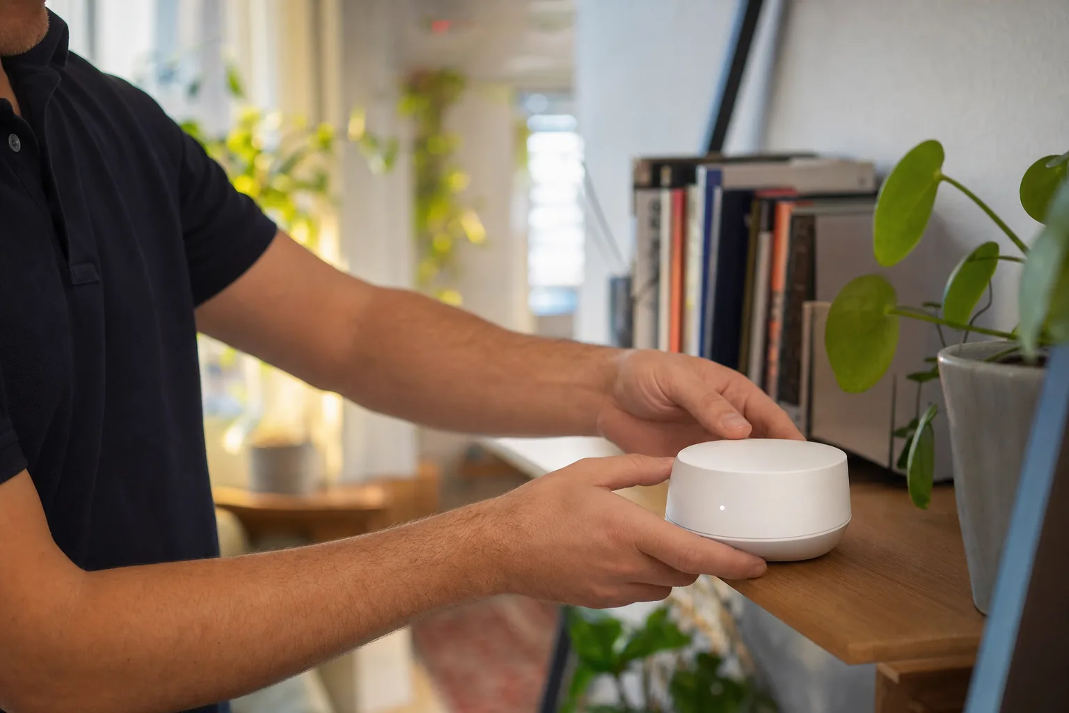 Techniker platziert einen Mesh-WLAN-Router auf einem Regal im Wohnzimmer