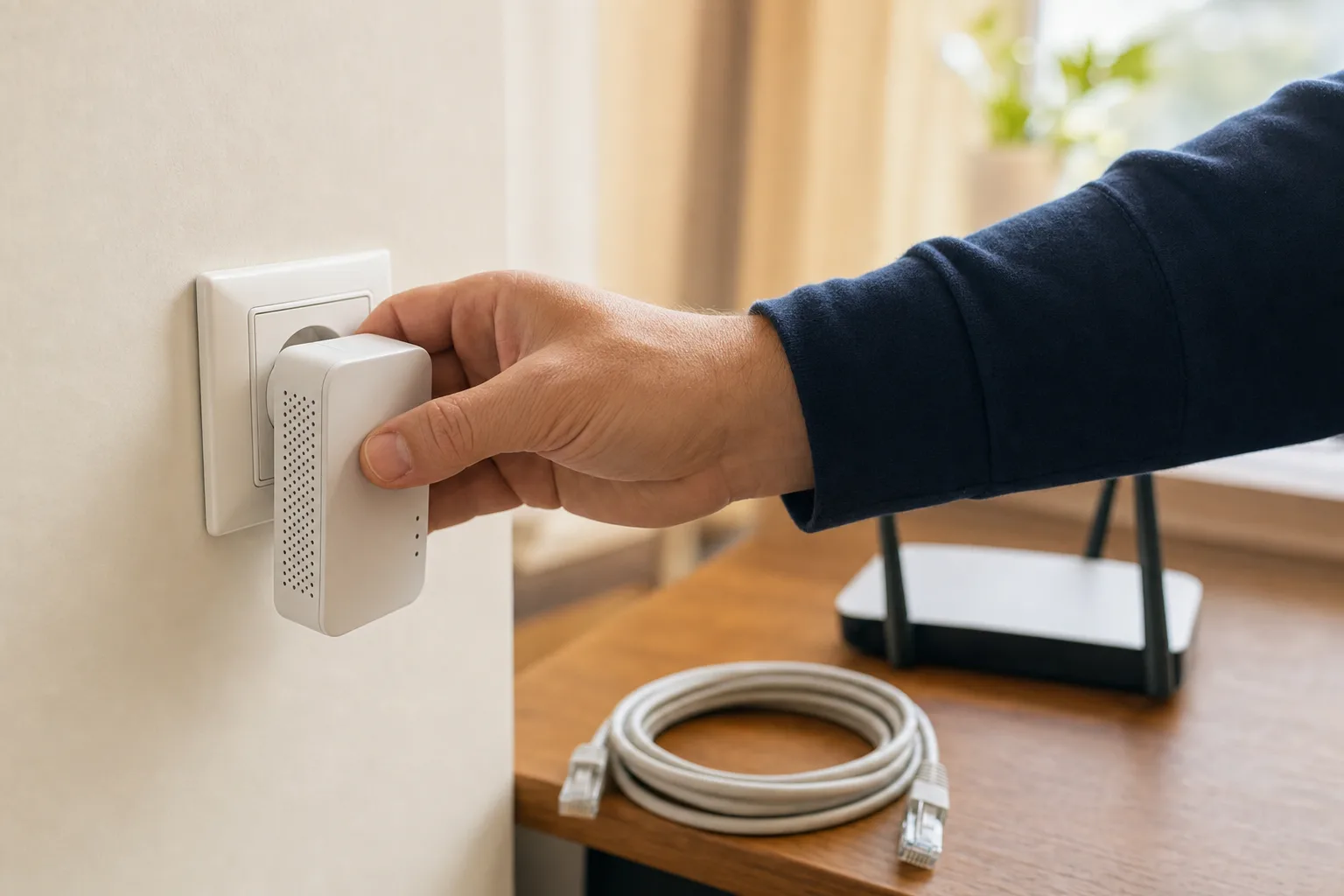 Powerline-Adapter wird in die Steckdose gesteckt, im Hintergrund liegt ein Netzwerkkabel neben dem Router